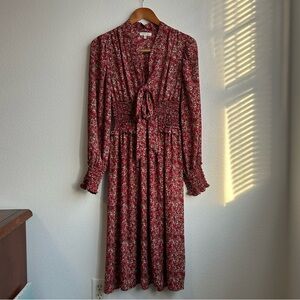 Romantic Floral Smocked Midi Dress Ruby Red Boho Cottagecore